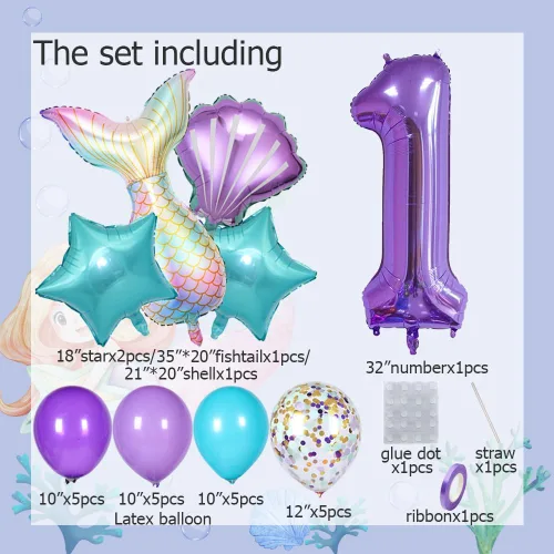 Miniatura 2 de Decoraciones de cumpleaños de sirena, kit de globos de cola de sirena, decoración de fiesta para niñas de 1 año (Número 1)