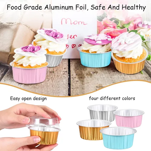 Miniatura 3 de Thenshop 200 mini tazas de aluminio para hornear de 5 onzas con tapa, moldes desechables para tartas, cumpleaños, boda, fiesta, papel de aluminio
