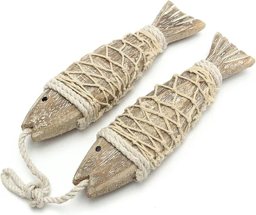Miniatura 6 de Paquete de 2 piezas de arte de pared de peces de madera, decoración colgante de peces tallados a mano, adorno decorativo de peces para tema náutico