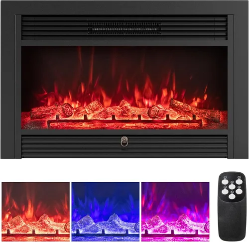 Miniatura 10 de Tangkula Calentador eléctrico de chimenea de 18 pulgadas, inserto de chimenea empotrado con llama regulable de 7 colores, calefacción de 750 W/1500
