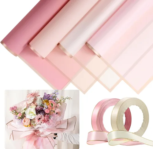 Tenare Juego de papel de regalo de flores y cinta, 36 hojas de papel de regalo de ramo con cinta de satén de doble cara de 50 yardas para regalo de