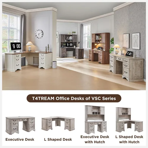 Miniatura 6 de T4TREAM Escritorio ejecutivo de 59 pulgadas con cajones, escritorio de madera para computadora de oficina en casa, con bandeja para teclado, Roble