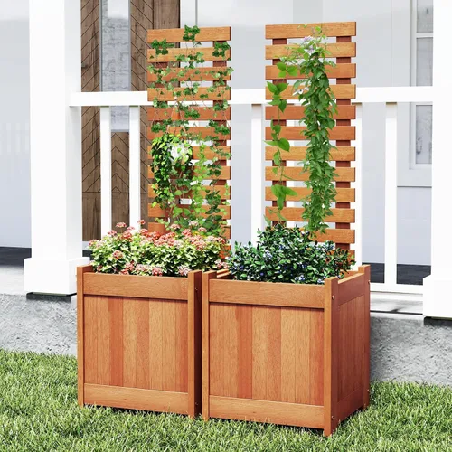 Miniatura 8 de Giantex Cama de jardín elevada de madera con enrejado, maceta para exteriores con base abierta para plantas trepadoras, profundidad de plantación