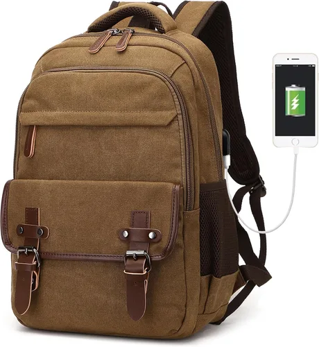 Miniatura 7 de Mochila de lona para laptop con puerto de carga USB, mochila vintage para hombres y mujeres, mochila negra de viaje para trabajo, mochila Negro