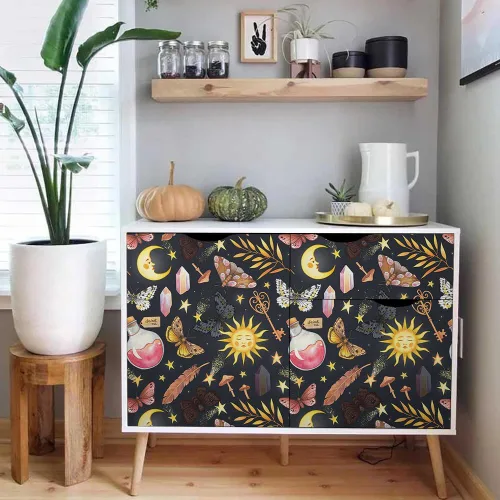 Miniatura 5 de Papel Tapiz Negro Azul Marino Fantástico Sueño Mágico Sol Luna Mariposa Hongos Estrellas de Cristal para Despegar y Pegar Papel de Contacto Adhesivo