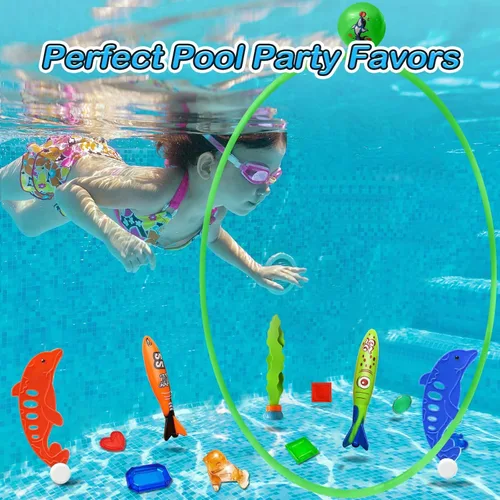 Miniatura 6 de Jasonwell Juguetes de piscina, anillos de buceo, 28 piezas, juego de piscina, juguetes de buceo con anillo de buceo, tesoros submarinos, bandidos