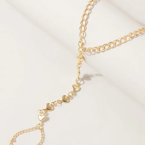 Miniatura 5 de Jumwrit Pulsera de cadena de mano con anillo de dedo, pulsera de eslabones dorados, arnés de mano de esclavo, pulsera de corazón de amor, pulsera