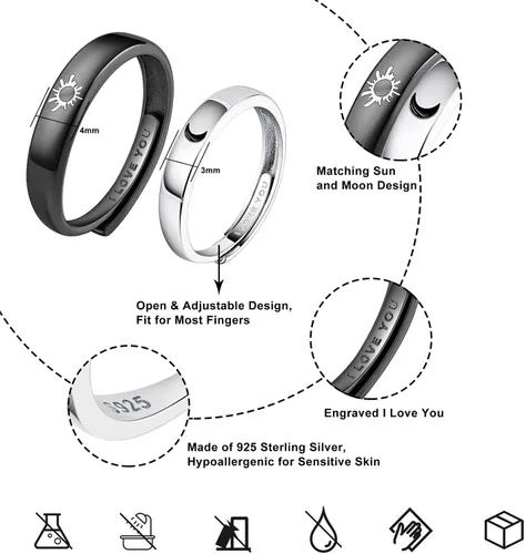 Miniatura 6 de Beydodo Anillos de plata 925 personalizados ajustables con sol y luna a juego grabados I LOVE YOU Anillos para parejas Anillos de boda