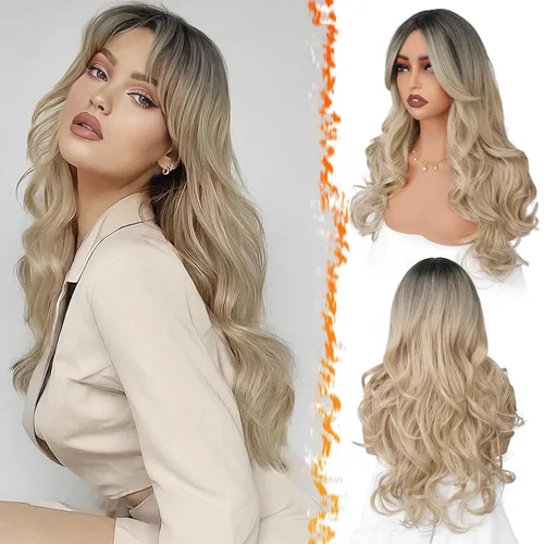 Miniatura 32 de BARSDAR Peluca rubia corta ondulada con flequillo, pelucas cortas onduladas de 14 pulgadas para mujer, pelucas sintéticas suaves hasta el hombro