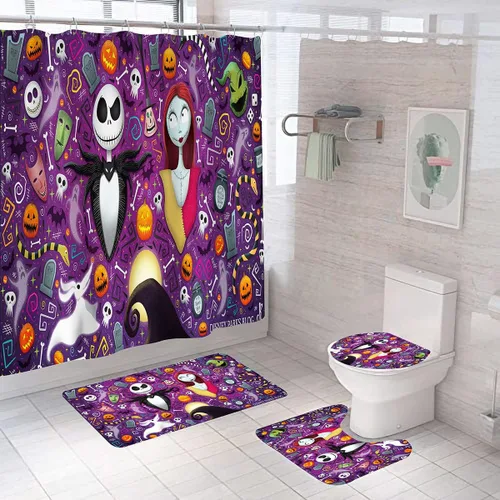 Miniatura 29 de Juego de 4 cortinas de ducha de Navidad para niños, decoración de Halloween con 12 ganchos de cortina para baño, impermeable, 71 x 71 pulgadas (D13)