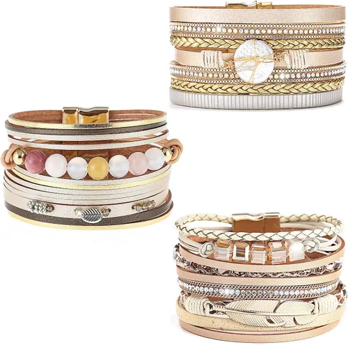 Miniatura 14 de Wowanoo - Juego de 3 pulseras de cuero de varias capas con cierre magnético para mujer, con cristales, ramas de árbol pulseras para mujer.