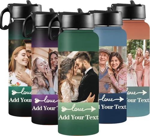Miniatura 9 de Botellas de agua personalizadas para niñas, de acero inoxidable con aislamiento de doble pared con pajita, botella de agua de color degradado