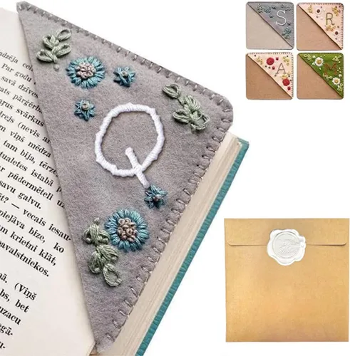 Miniatura 93 de Marcapáginas de esquina bordado a mano personalizado, 26 letras con costura a mano de fieltro, marcapáginas de esquina con bordado de flores lindo