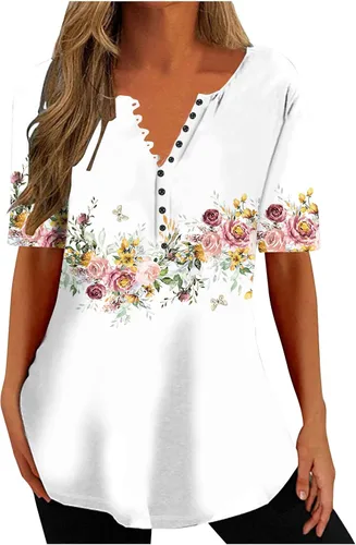 Miniatura 13 de Summer Shirts for Women 2025 Plus Size Short Sleeve Henley Tops Marble Floral Loose Tshirt Tee Casual Dressy Tunics