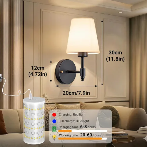 Miniatura 9 de Juego de dos apliques de pared accionados por batería, luz de pared inalámbrica con bombilla magnética recargable RGB de 10000mAh, aplique de pared