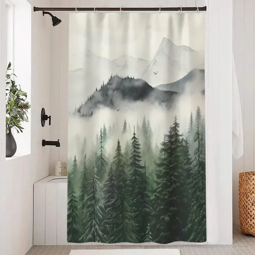 Miniatura 28 de Cortina de ducha pequeña en blanco y negro, juego de cortina de ducha de bosque brumoso para baño, impermeable, decoración de baño de montaña