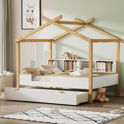 Miniatura 10 de Marco de cama para niños, marco de cama en forma de casa, cama de madera de tamaño individual con valla para niños, adolescentes, niñas, niños