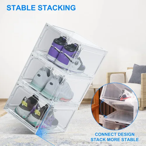 Miniatura 4 de HIYOHIYO Cajas de zapatos apilables de plástico transparente tamaño 14, contenedores magnéticos para zapatos, caja de almacenamiento plegable