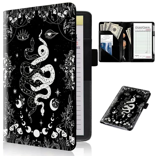 Libros para camarera con bolsillo con cremallera, diseño floral de hongos, luna, serpiente, libro de camarera de cuero, organizador de dinero,