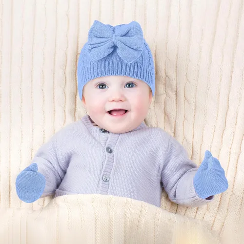 Miniatura 28 de SATINIOR 3 Set Toddler Hat Glove Set, Kids Winter Hats Warm Knitted Beanie Mittens Gloves with Bow for Baby Girls Boys 0-6Y