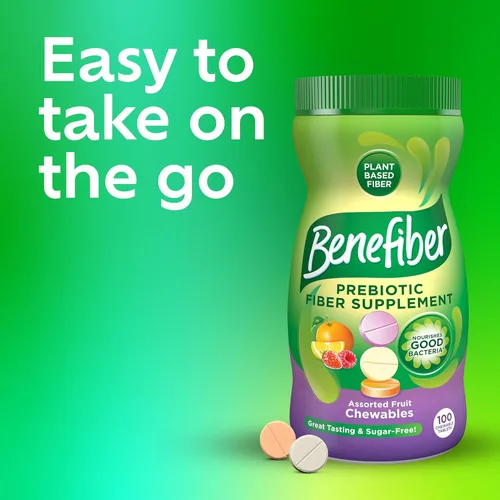 Miniatura 6 de Benefiber Tabletas masticables de suplemento de fibra prebiótica para la salud digestiva, sabores surtidos de frutas, 100