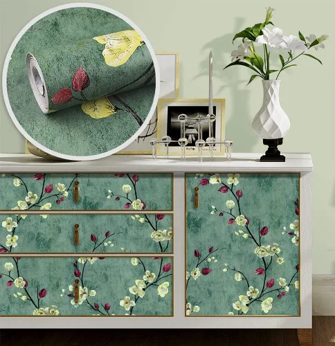 Miniatura 5 de Papel tapiz floral para despegar y pegar, 17.7 pulgadas x 9.8 pies, flor de ciruela verde, extraíble, autoadhesivo, papel de contacto decorativo