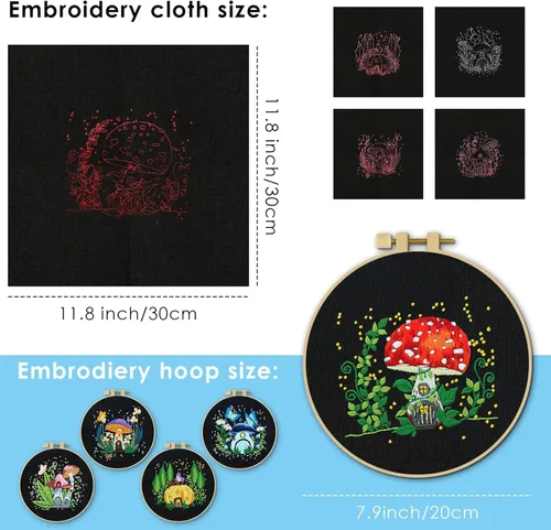 Miniatura 7 de ERKOON 5 Kits de Bordado para Principiantes, Juego de Costura Manual de Manualidades Kit de Inicio de Punto de Cruz de Hongos, Kits de Bordado DIY