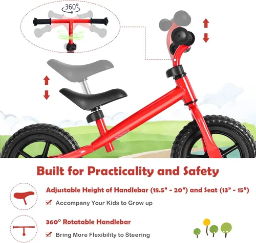 Miniatura 4 de BABY JOY Bicicleta de equilibrio para niños, bicicleta de entrenamiento sin pedal con manillar y asiento ajustables y neumáticos EVA a prueba de Rojo