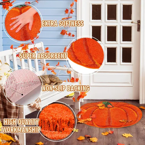 Miniatura 4 de AnyDesign Alfombra de baño de otoño, bonita alfombra de baño con forma de calabaza, alfombra de ducha antideslizante naranja otoñal, alfombra