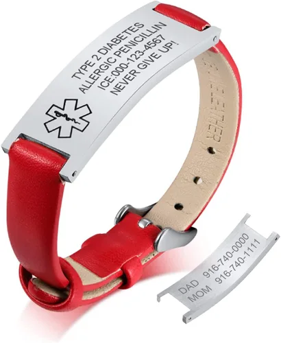 MPRAINBOW Pulsera de alerta médica personalizada para mujer, correa de reloj de cuero genuino, grabado de doble cara, diabetes, epilepsia, joyería
