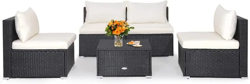 Tangkula Patiojoy - Juego de muebles de patio de 5 piezas, juego de conversación de mimbre de polietileno con cojines y mesa auxiliar, juego de