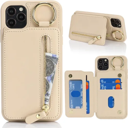 Havaya Funda para iPhone 11 Pro Max con tarjetero y llavero, soporte de cuero, a prueba de golpes, con ranuras para tarjetas de crédito, cremallera,