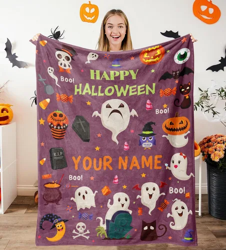 Miniatura 11 de Manta de Halloween personalizada con nombre, mantas de Halloween personalizadas para niños, Halloween personalizada para niños y niñas, bonita manta
