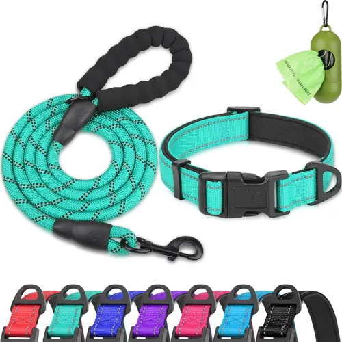 Miniatura 14 de Dynmeow Juego de collar y correa reflectante para perro, correa de cuerda de escalada fuerte de 6 pies con mango acolchado, collar ajustable