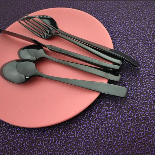 Miniatura 4 de Juego de cubiertos de mango grueso de 24 piezas, acero inoxidable 18/10 negro antiguo con cuchillo para carne, juego de cubiertos pulidos de espejo