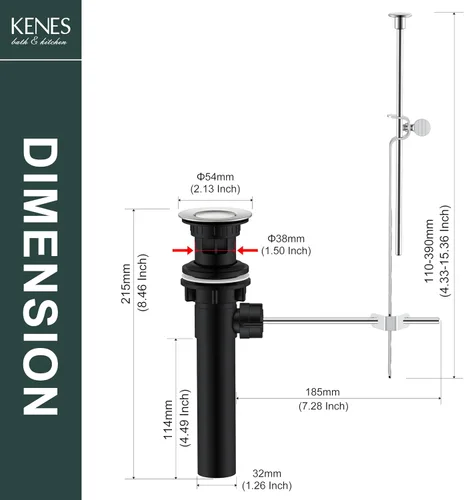 Miniatura 6 de KENES Conjunto de tapón de drenaje para lavabo de baño con varilla de elevación, drenaje de lavabo de níquel cepillado con desbordamiento, conjunto