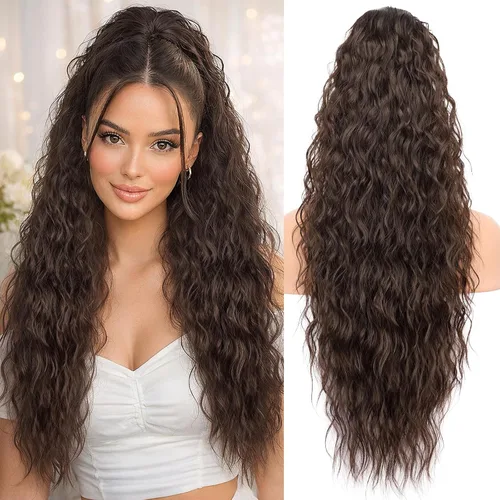 Miniatura 16 de KooKaStyle Extensión de cola de caballo con cordón de 26 pulgadas (66 cm) para mujeres, extensiones de cabello sintético rizado largo para uso