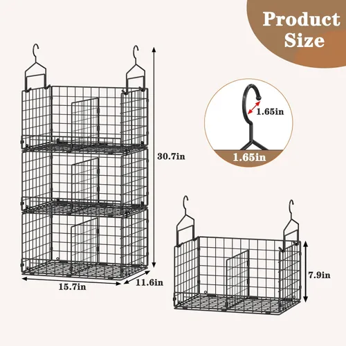 Miniatura 2 de Sonyabecca Organizador colgante de armario extra grande de 3 niveles con divisores, estantes colgantes de ropa con 2 ganchos para colgar y 5 ganchos