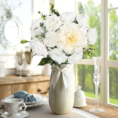 Miniatura 5 de AmyHomie - Juego de flores artificiales blancas, mezcla de seda, peonía, rosa, hortensia, margarita, con tallo, para bricolaje, centros de mesa