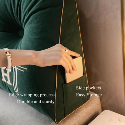 Miniatura 3 de HM&DX Almohada de lectura triangular con cuña para cabecero, almohada de respaldo de terciopelo con funda extraíble y bolsillos laterales