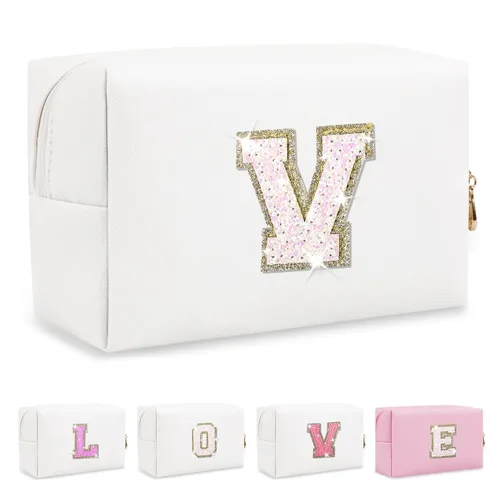 Miniatura 42 de Pequeña bolsa de maquillaje personalizada con inicial A-Z Preppy Patch, bolsa de cosméticos de viaje de felpilla blanca con cremallera, bonita bolsa