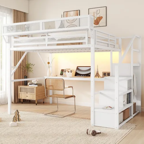 Miniatura 10 de KEIKI Estructura de Cama Loft de Metal Tamaño Twin con Escalera Convertible, Estantes de Almacenamiento Integrados y Armario, Cama Loft con Listones