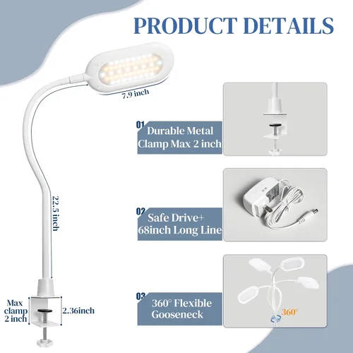 Miniatura 5 de Lámpara de lectura LED, luz de mesa para cuidado de los ojos, lo suficientemente brillante para 700 lúmenes, 10 W regulable y 3 modos