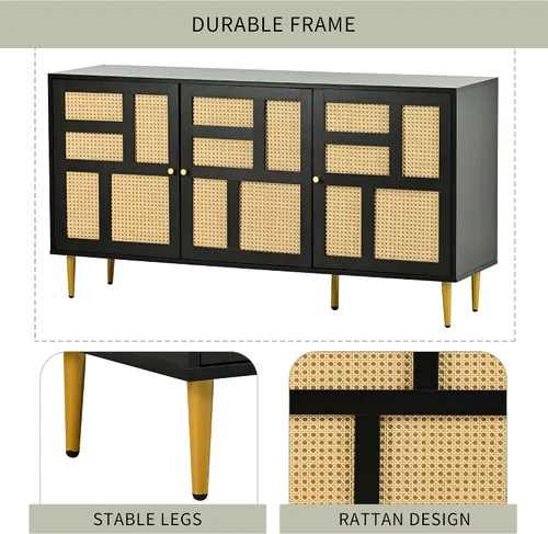 Miniatura 5 de KLMM Armario de almacenamiento moderno con puerta de ratán y estantes ajustables, soporte de TV para televisores de hasta 55 pulgadas, mesa consola