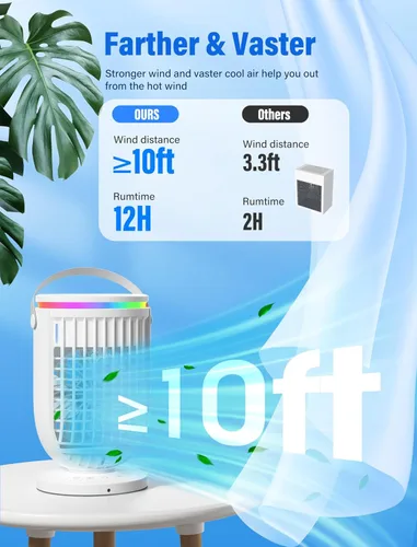 Miniatura 8 de Aire acondicionado portátil, ventilador con función de rotación de 120°, mini aire acondicionado evaporativo JYew para habitación, enfriador de aire