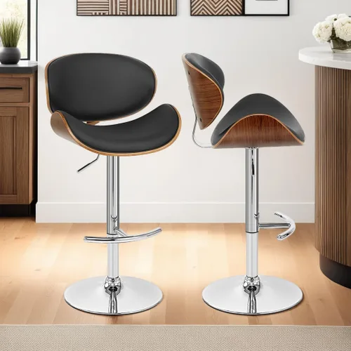 Miniatura 6 de Armen Living Taburete giratorio Naples en piel sintética negra, madera de nogal y acabado cromado Acabado cromado/negro