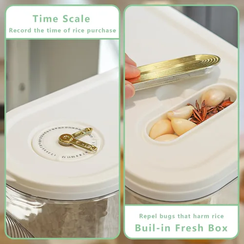 Miniatura 7 de Contenedor de almacenamiento de arroz de 22.0 lbs, dispensador transparente de granos de alimentos con dial de fecha y taza medidora, organizador