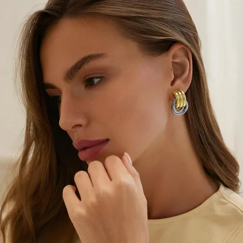 Miniatura 3 de Aretes gruesos de nudo dorado para mujer, aretes de eslabones largos con diseño geométrico de oro y plata