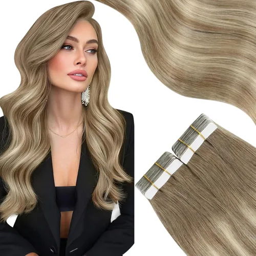Miniatura 18 de Moresoo Extensiones adhesivas de cabello humano degradado, balayage, mezcla de marrón oscuro con extensiones de color marrón medio, extensiones