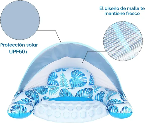 Miniatura 7 de COOLCOOLDEE Flotador de piscina con toldo y portavasos - Flotador de silla de piscina XL con cubierta de parasol ajustable, portavasos, respaldo Azul